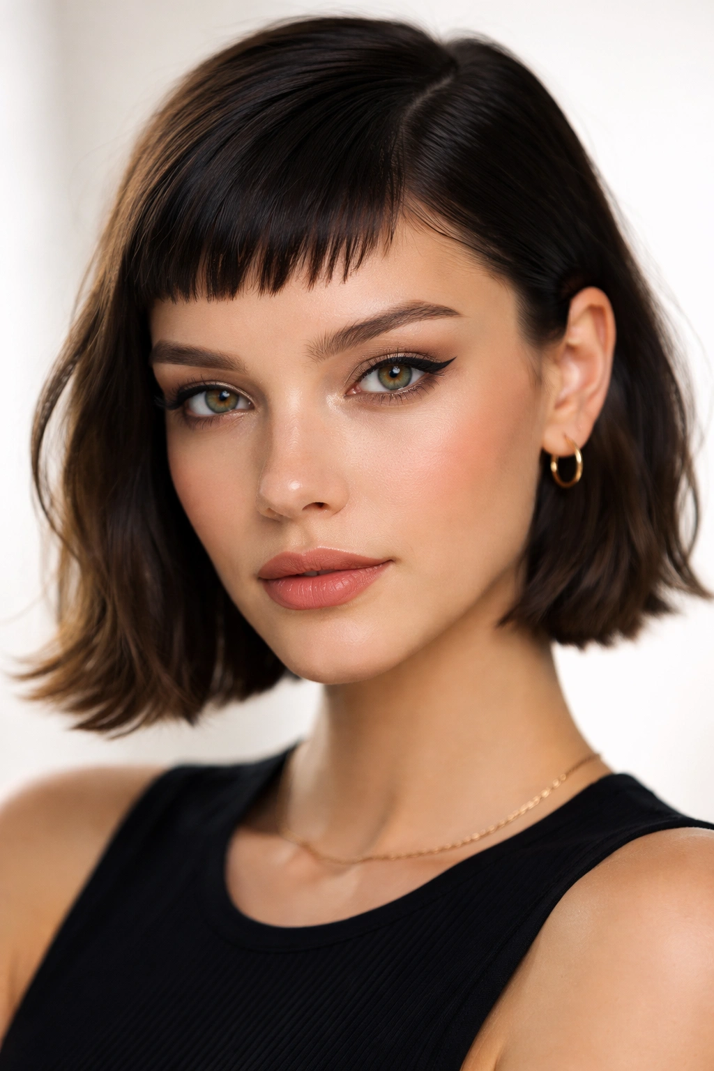 Close-up of a model with micro bangs and a side part highlighting bold fringe