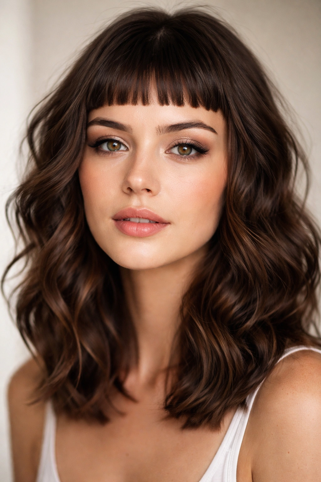 Close-up of micro-bangs with waves on medium-length hair, studio lighting.