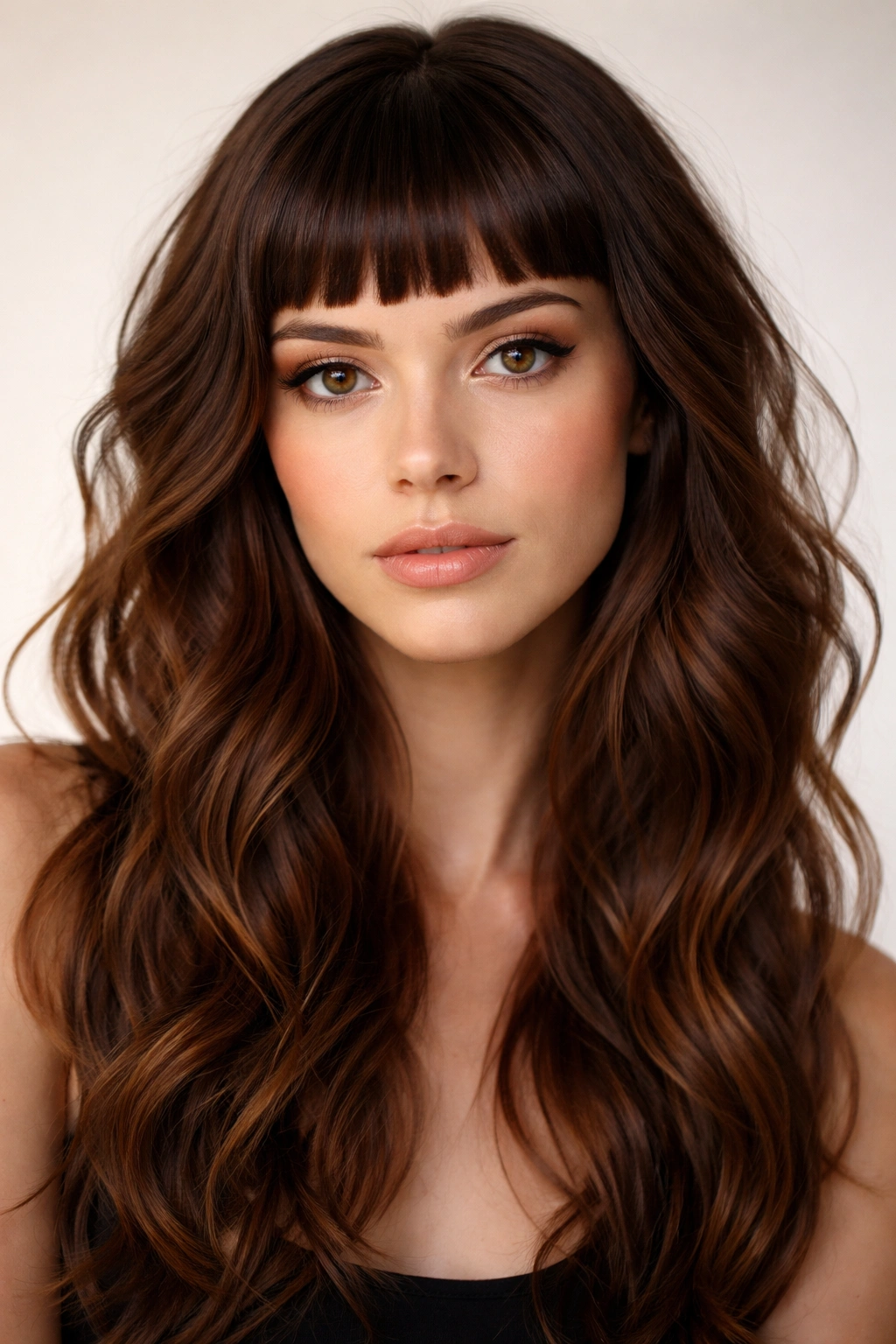 Close-up of eyebrow-length micro bangs with long waves in warm brown hair