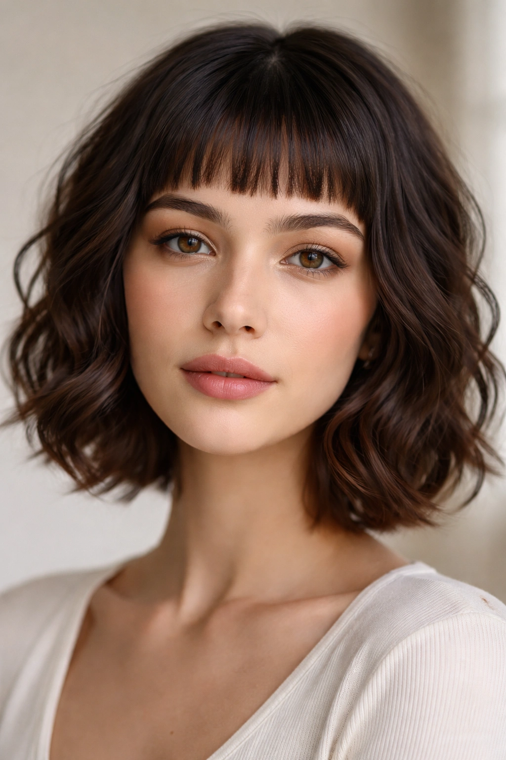 Close-up of micro bangs with textured waves on a chin-length hairstyle
