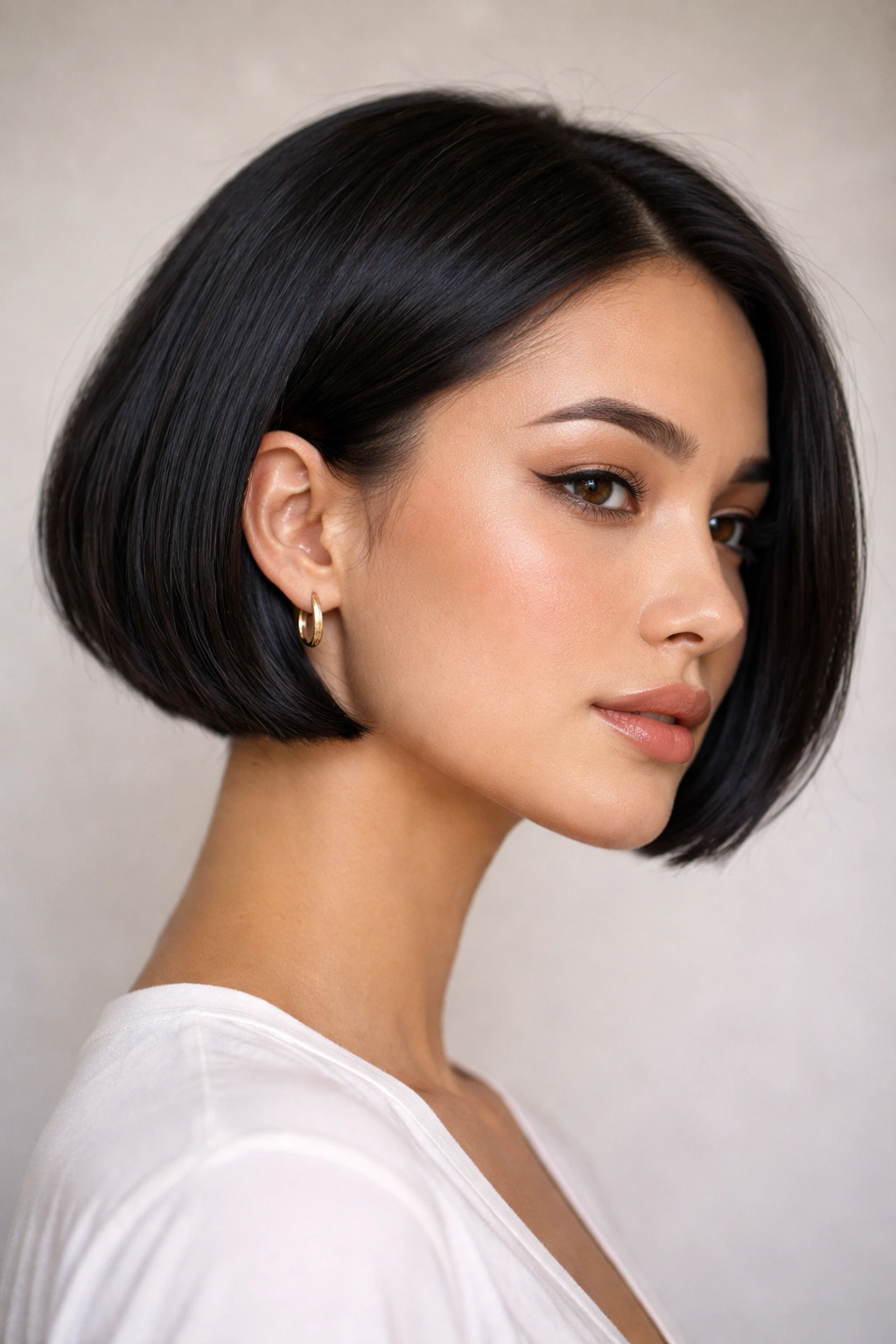 Close-up of a micro bob hairstyle on thick coarse hair with oval face