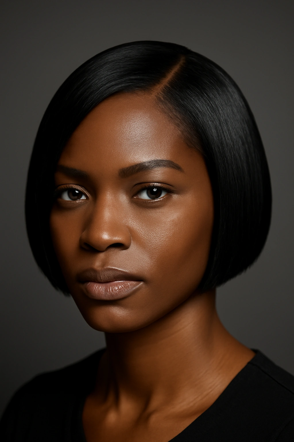 Close-up of a Black woman with a micro bob, crisp edges and glossy finish.