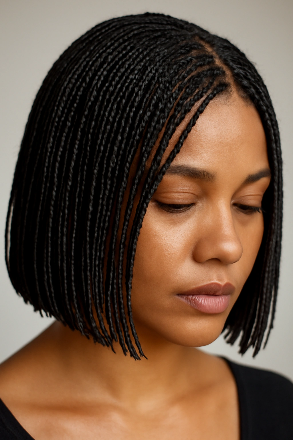 Close-up of chin-length micro box braids showing fine texture