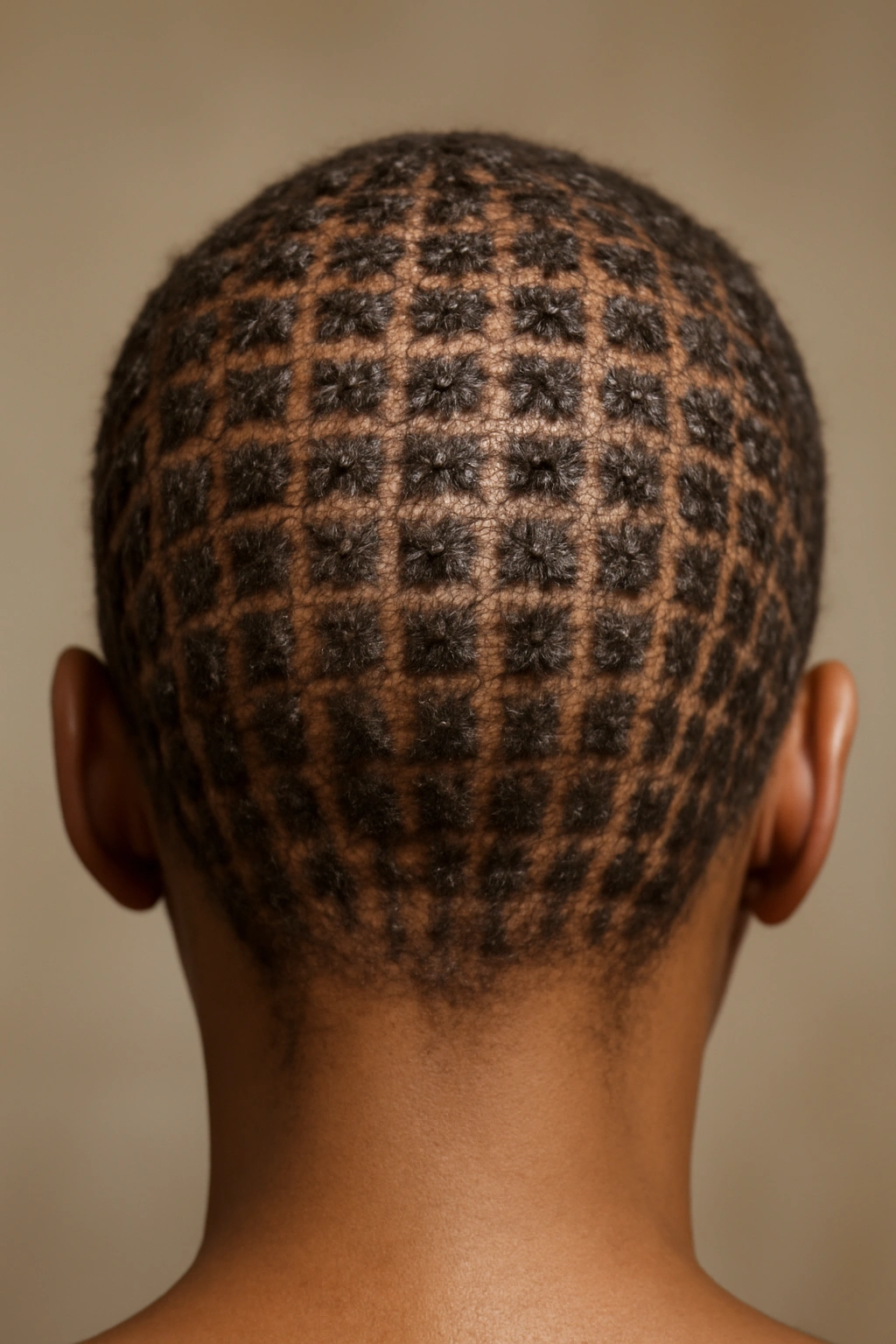 Back view of short hair showing a grid of tiny micro-braids across the scalp
