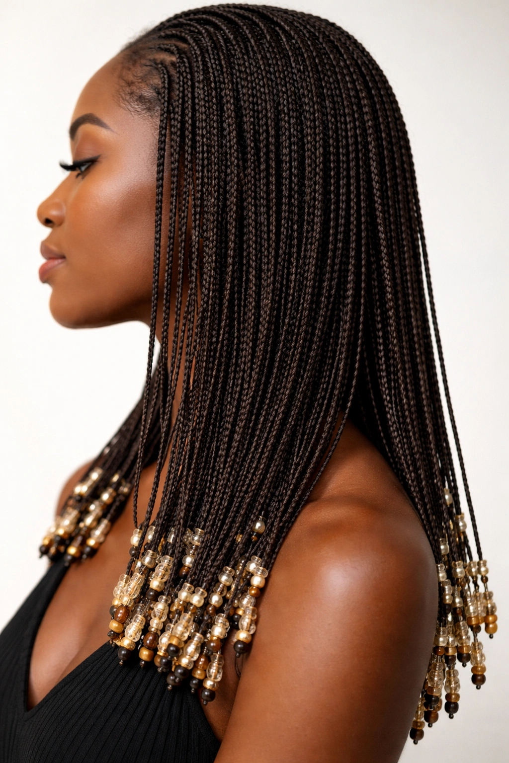 Close-up of micro braids with beaded ends elaborating intricate detail.