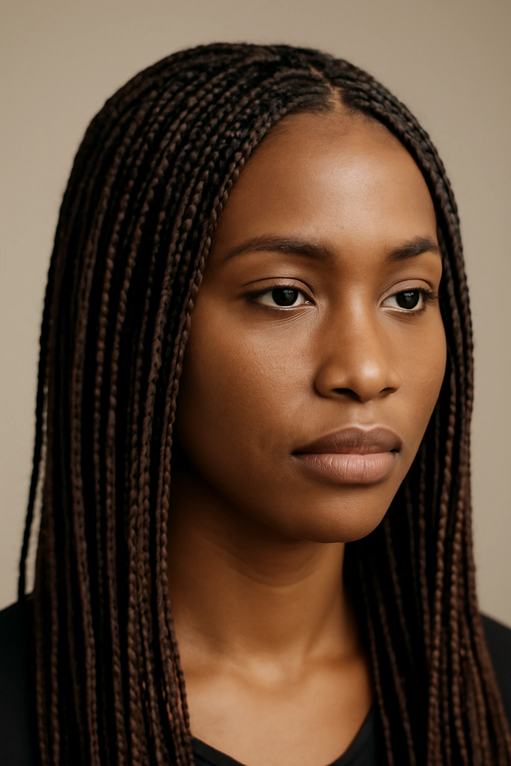 Head full of many small micro or box braids across the scalp.