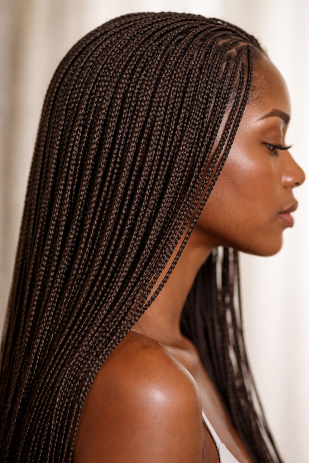 Head with numerous micro braids arranged across the scalp