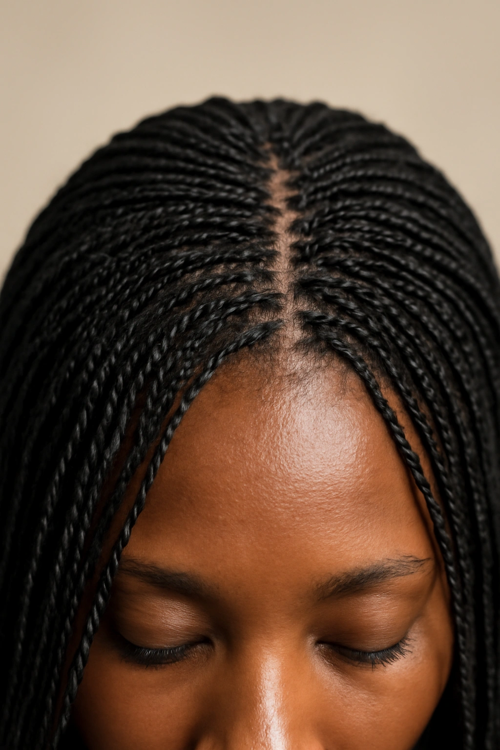 Close-up of dense micro braids across the scalp