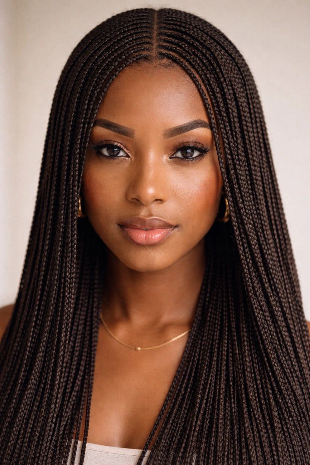 Close-up of a head covered in hundreds of tiny micro braids across the scalp