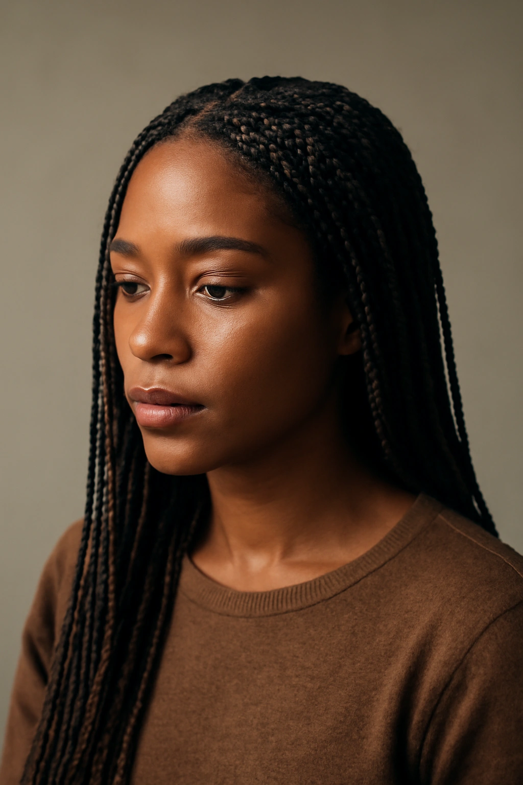 Portrait of person with micro braids and calm expression