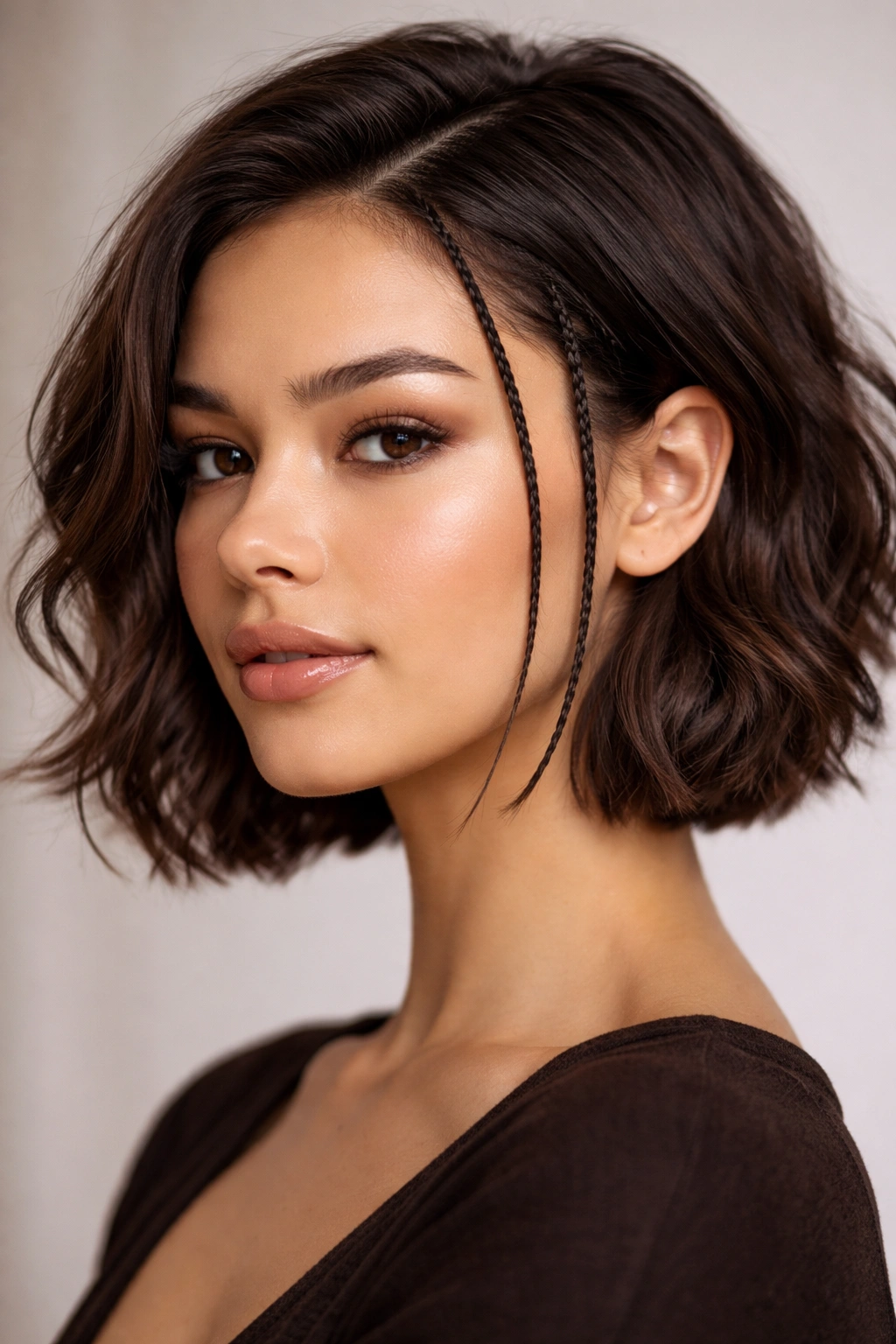 Close-up of two micro braids framing the temples on a short textured bob
