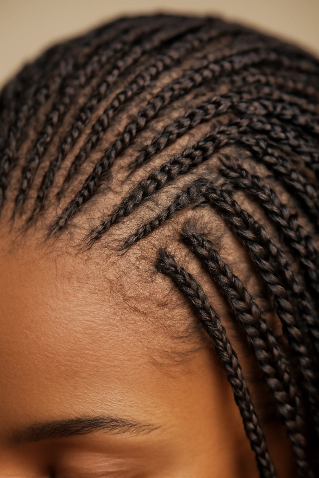 Close-up of tiny micro braids densely woven across the scalp