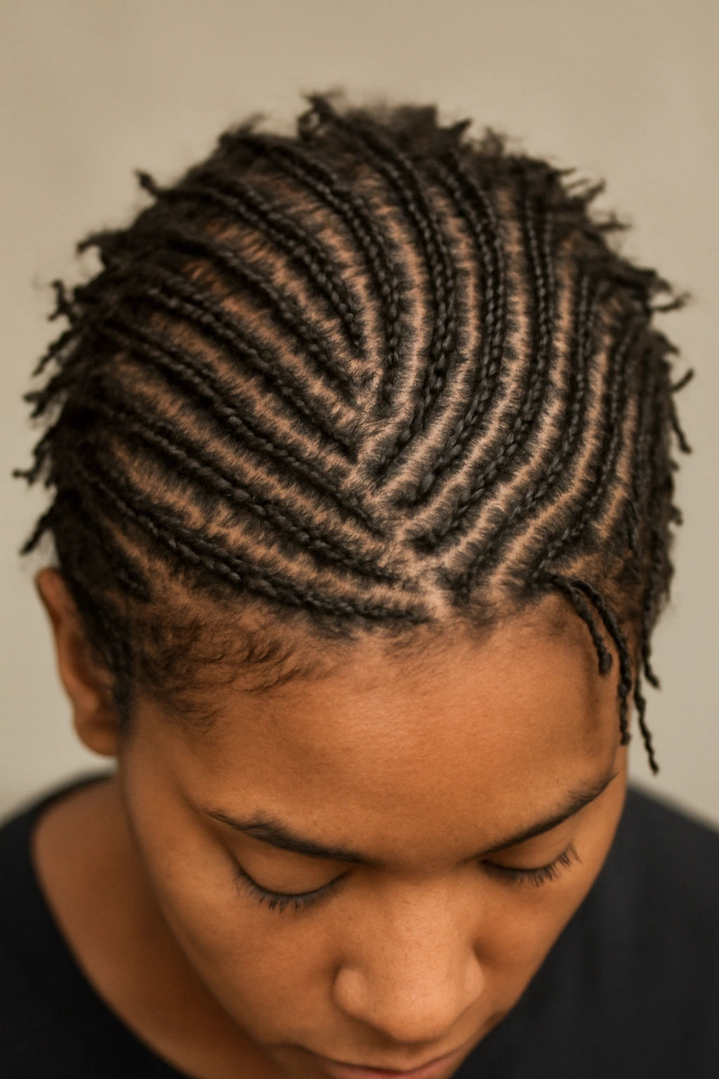 Dense micro braids across the scalp with loose ends on short hair.