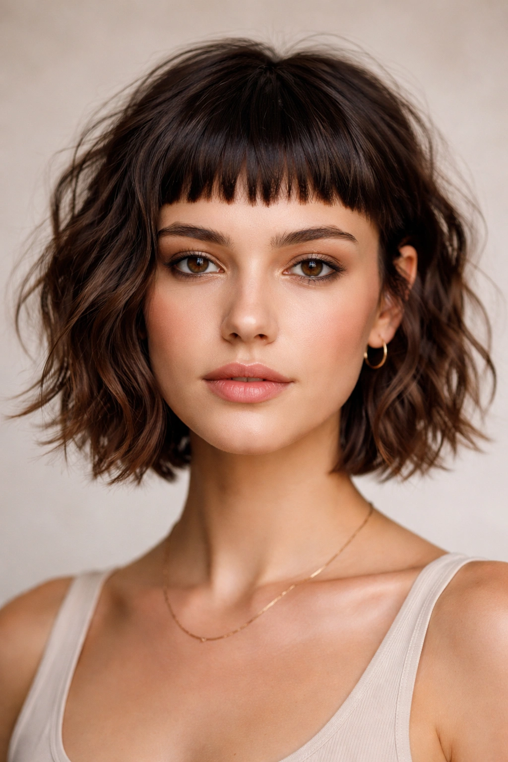 Short textured haircut with blunt micro fringe on wavy hair