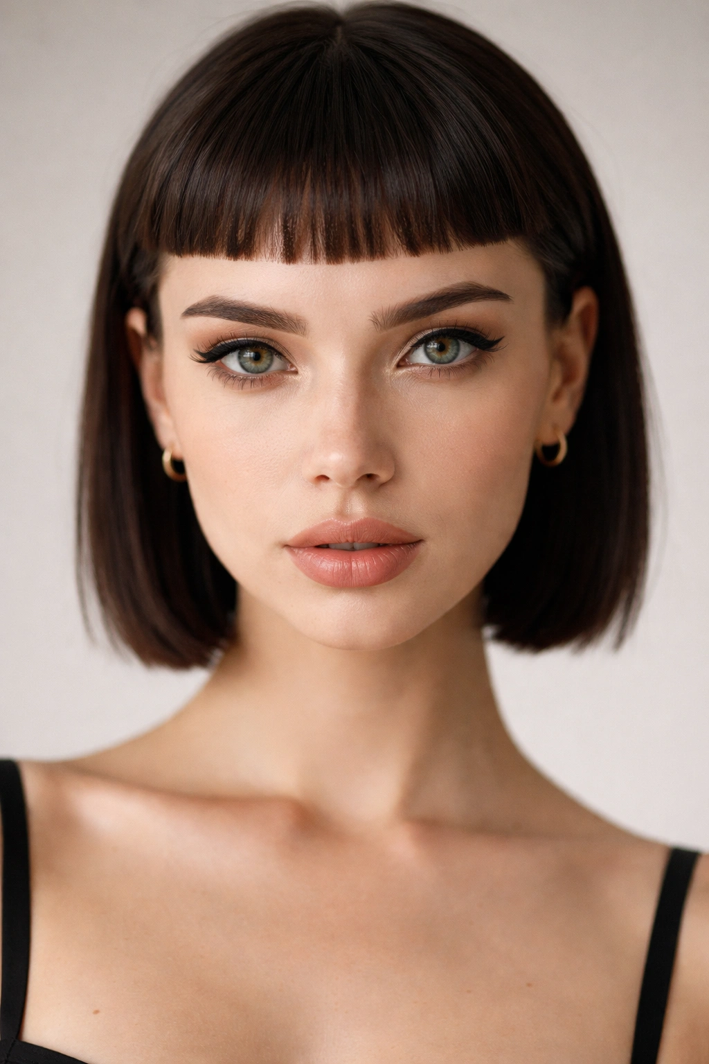 Portrait of a model with a micro fringe highlighting ultra-short blunt bangs.