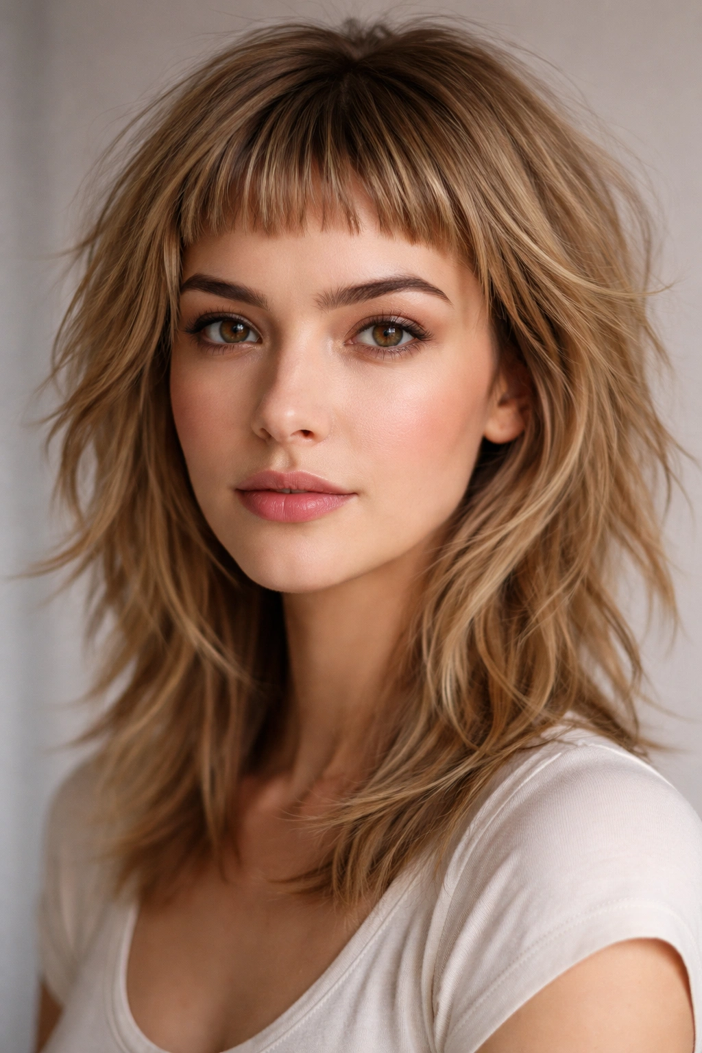 Portrait of a person with micro fringe and layered hair for fullness