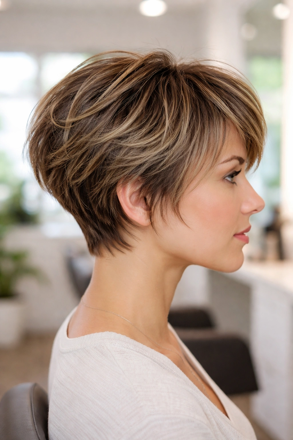 Short pixie-bob with micro-layers and elevated crown in a salon setting.
