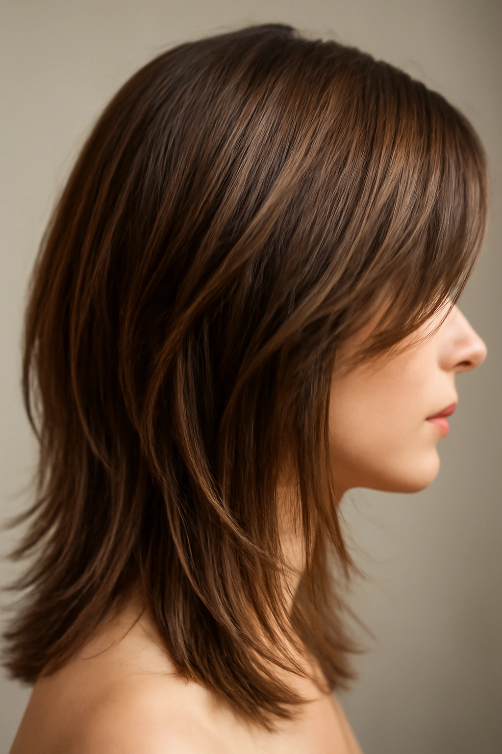 Close-up of micro layered medium-length hair showing texture and movement