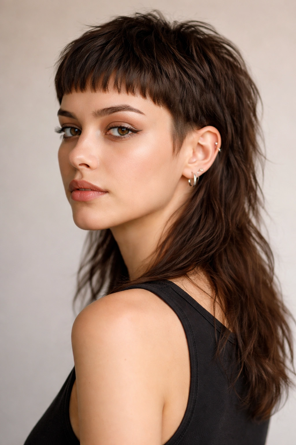 Close-up of a woman with a micro mullet showing very short front and sides with a shoulder-length back