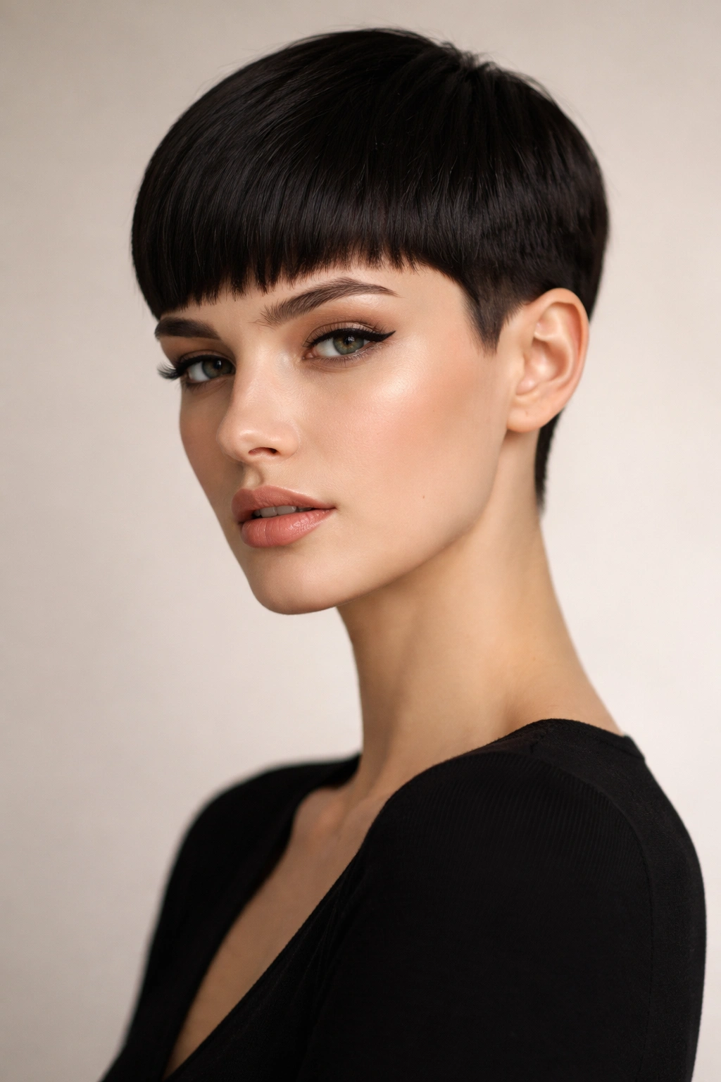 Close-up of a sleek blunt micro pixie with clean, architectural lines.