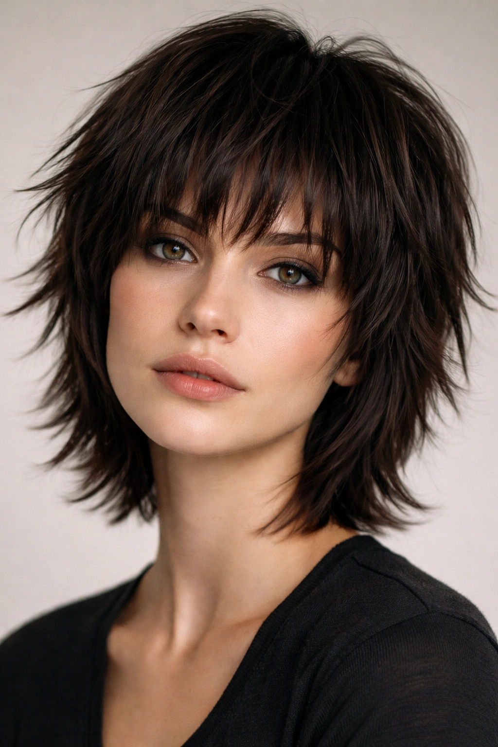 Close-up of jawline-length micro shag with textured layers in studio lighting