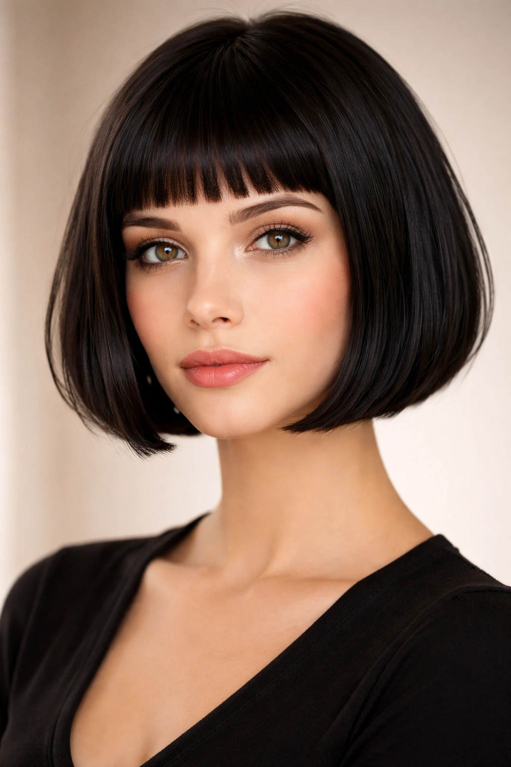 Close-up portrait of a person with a chin-length bob and microbangs framing the eyes.