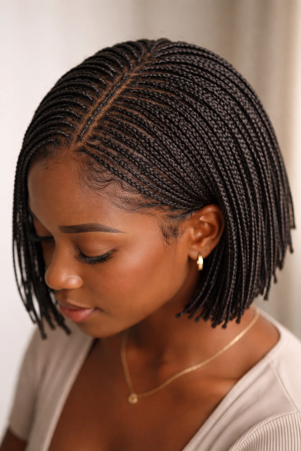 Close-up of ultra-fine micro braids on short hair, showing lace-like detail