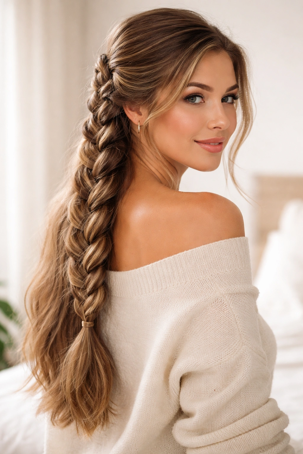 Mid-back length hair with a prominent braid