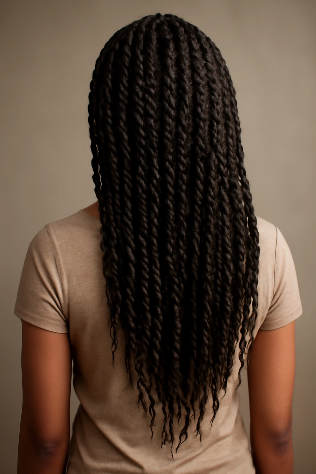 Back view of mid-back length passion twists cascading down the back