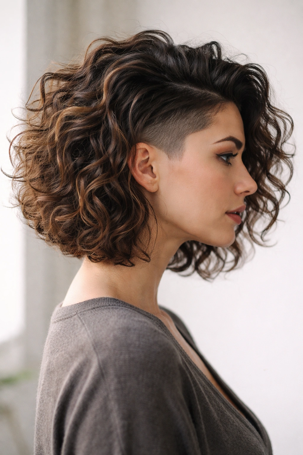 Mid-length curly lob with undercut showing contrast between top curls and shaved section