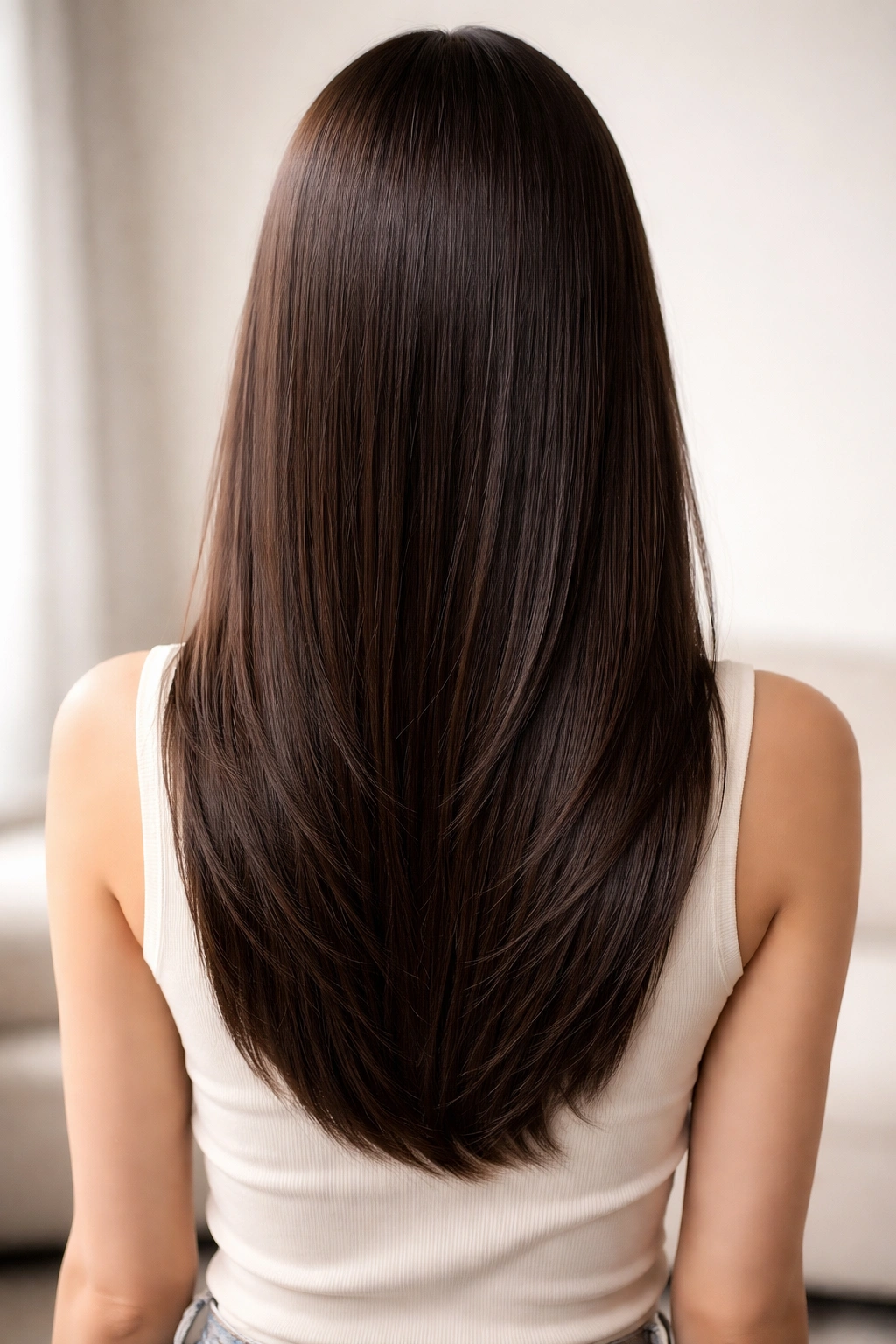 Portrait of straight mid-back hair with subtle, barely-there layers