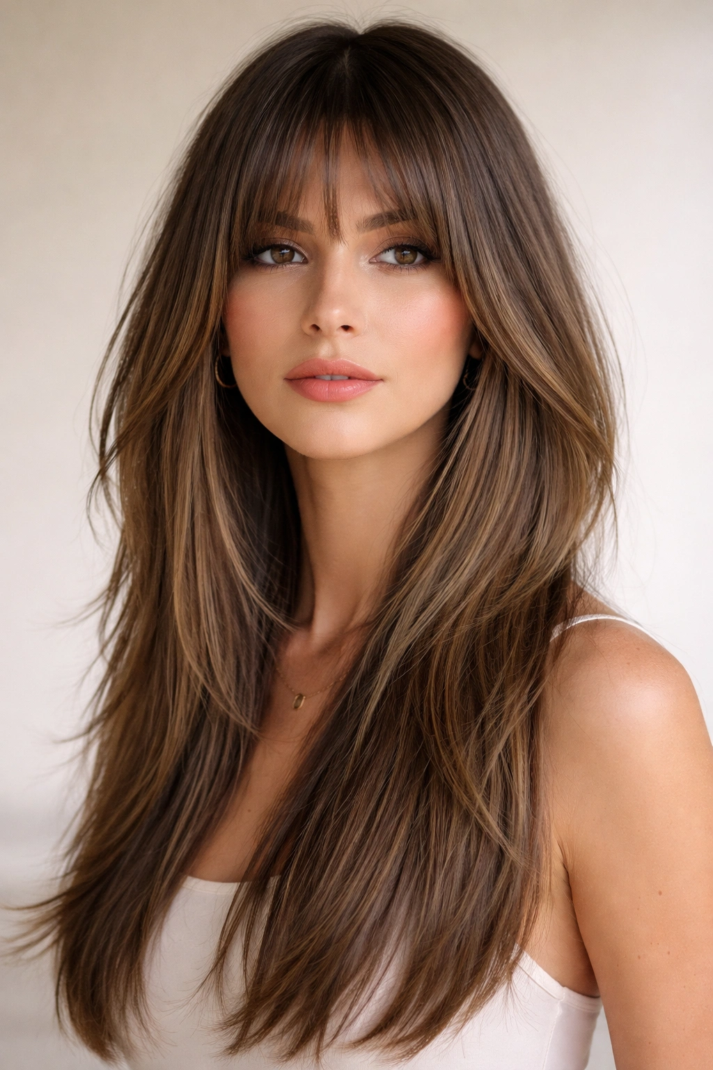 Close-up of a mid-length shag with long face-framing bangs on straight hair