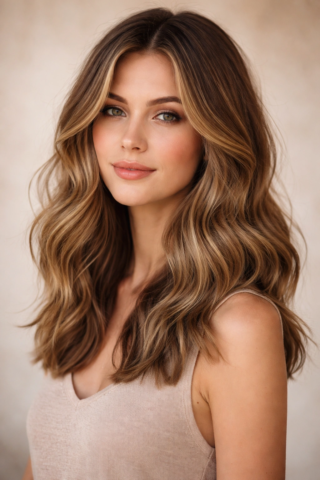 Portrait of a midi-length hairstyle with loose waves and layered texture