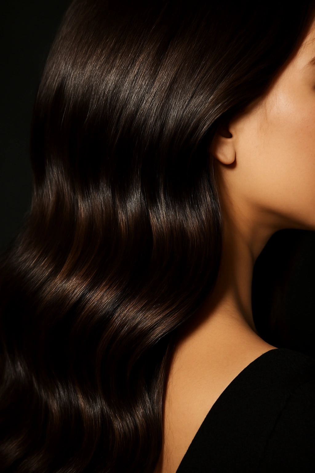 Close-up of near-black hair with gold undertones shining in light