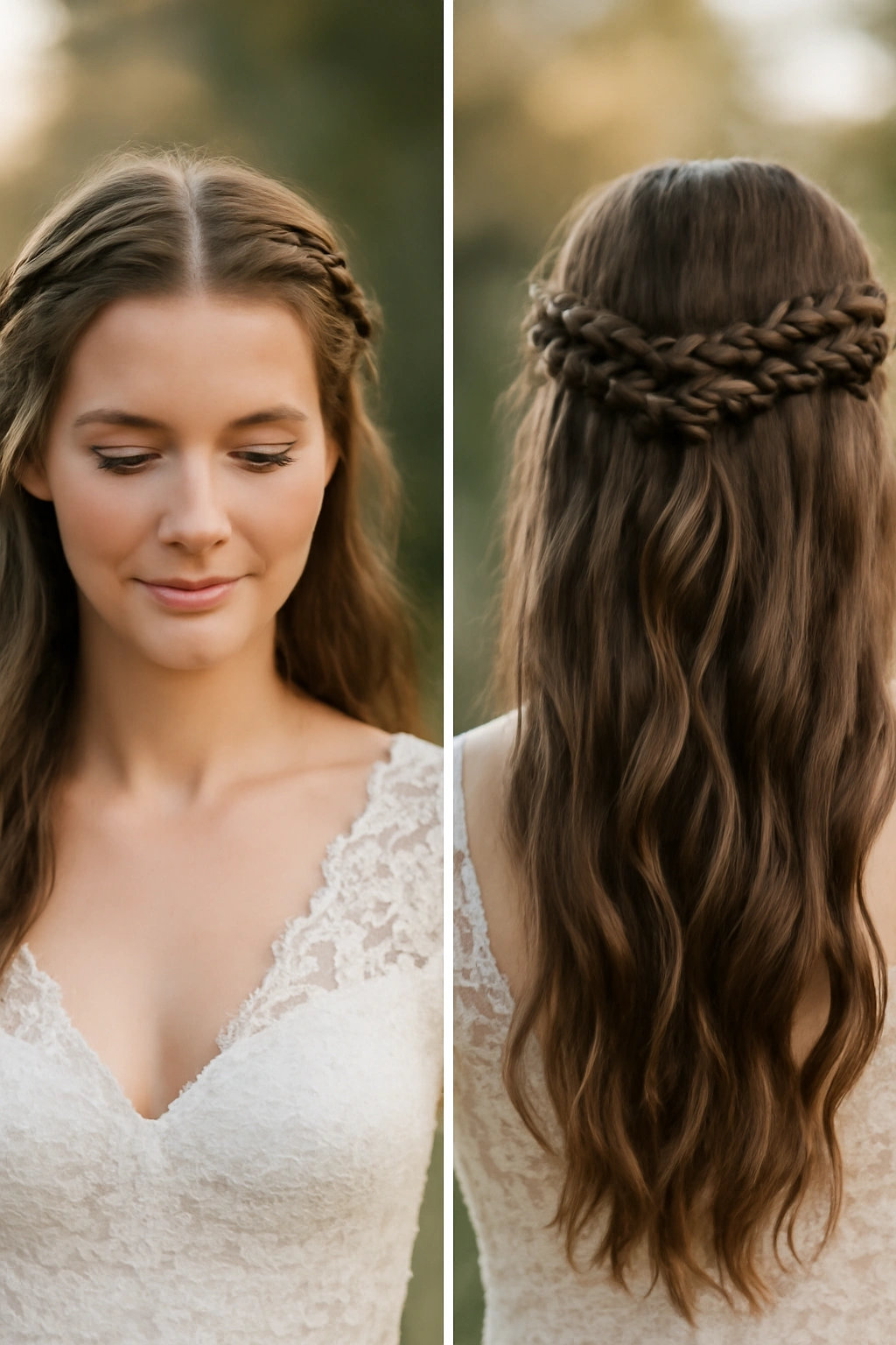 Two milkmaid braids wrapping around the crown with loose hair underneath.