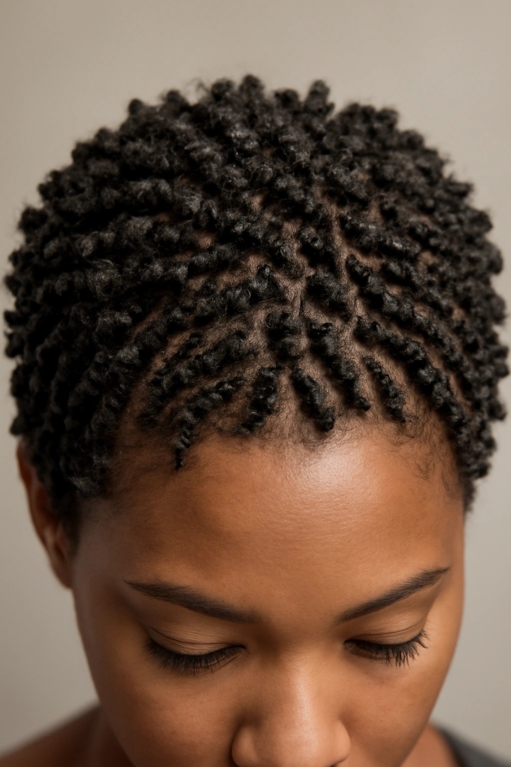 Dense grid of mini twists with high-definition texture on short hair