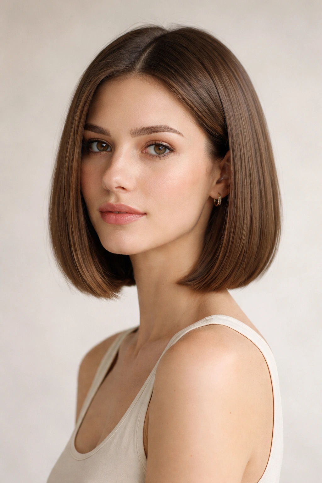 Frontal view of The Minimalist One-Length Straight Bob with subtle layers