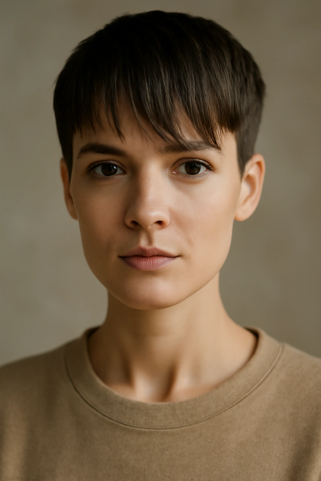 Portrait of a person with a minimalist crop and longer bangs for face framing