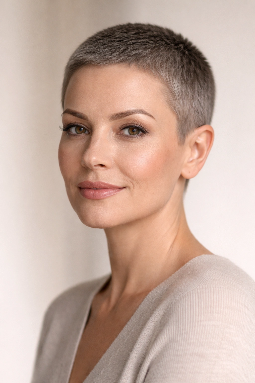 Close-up of a woman with a minimalist crop showing a precise 1-inch short hairstyle