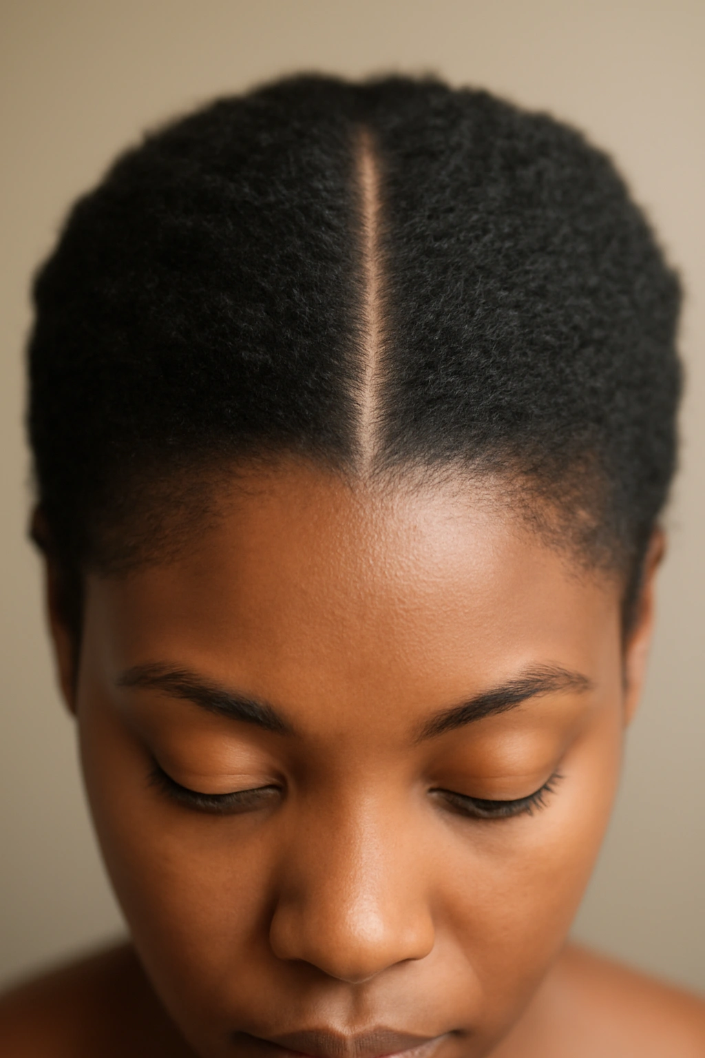 Single minimalist line along center part of scalp