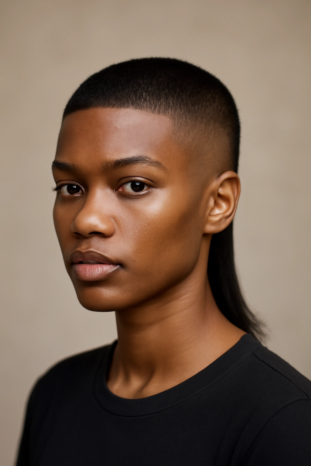 Close-up portrait of a person with The Minimalist Sharp Mullet showing precise geometric lines and a stark front to back contrast.