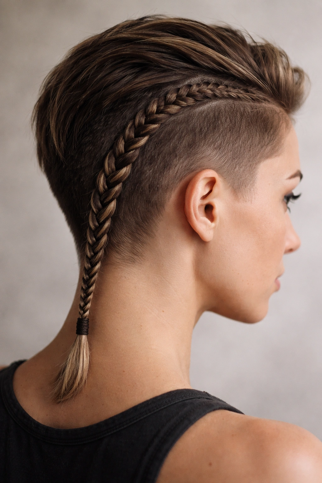 Close-up of a short-haired model with a single tight wrap braid along the scalp