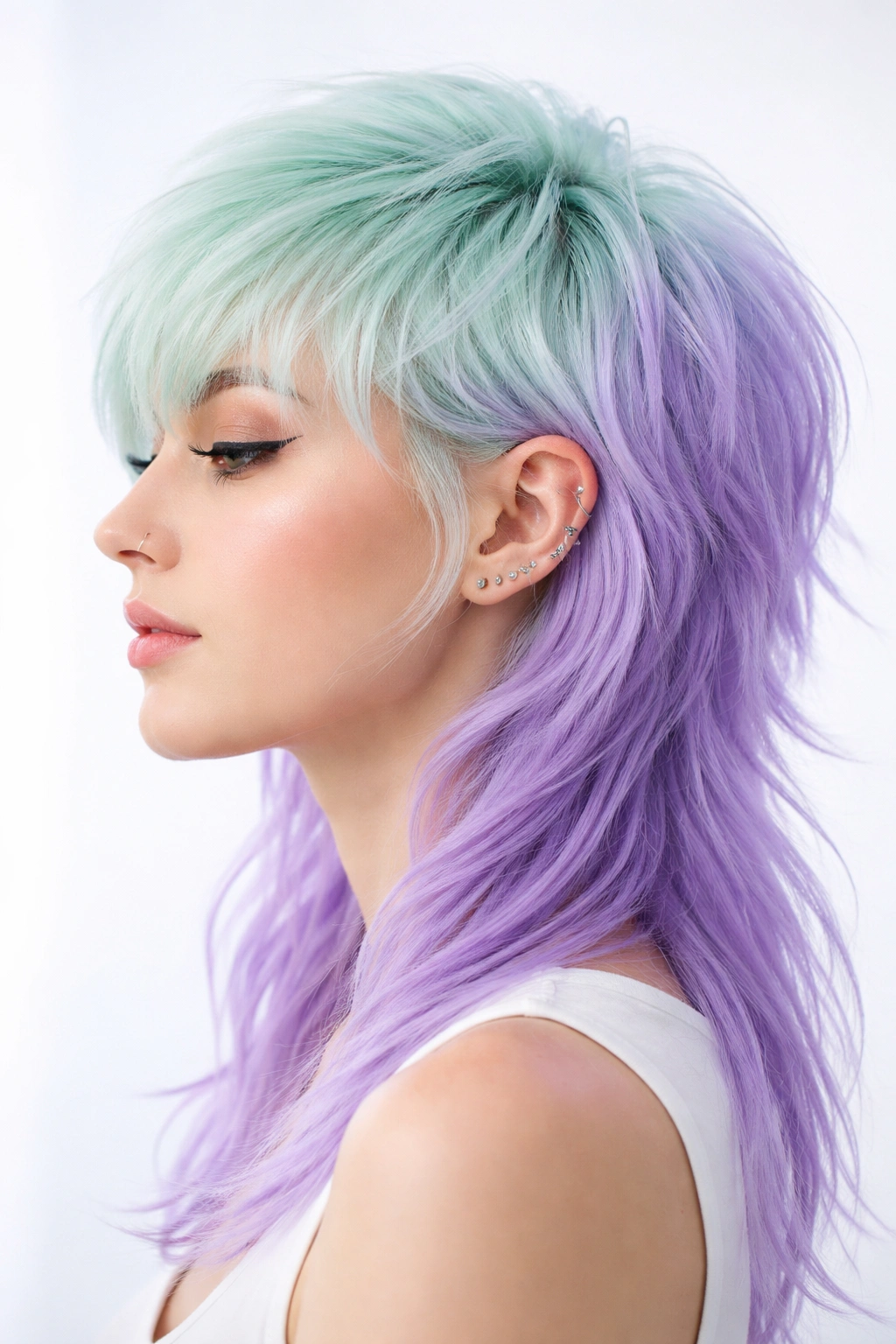 Close-up of mint and lavender two-tone mullet with distinct color split