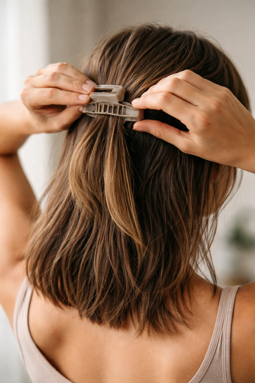 Hands pinning back hair to disguise an uneven cut