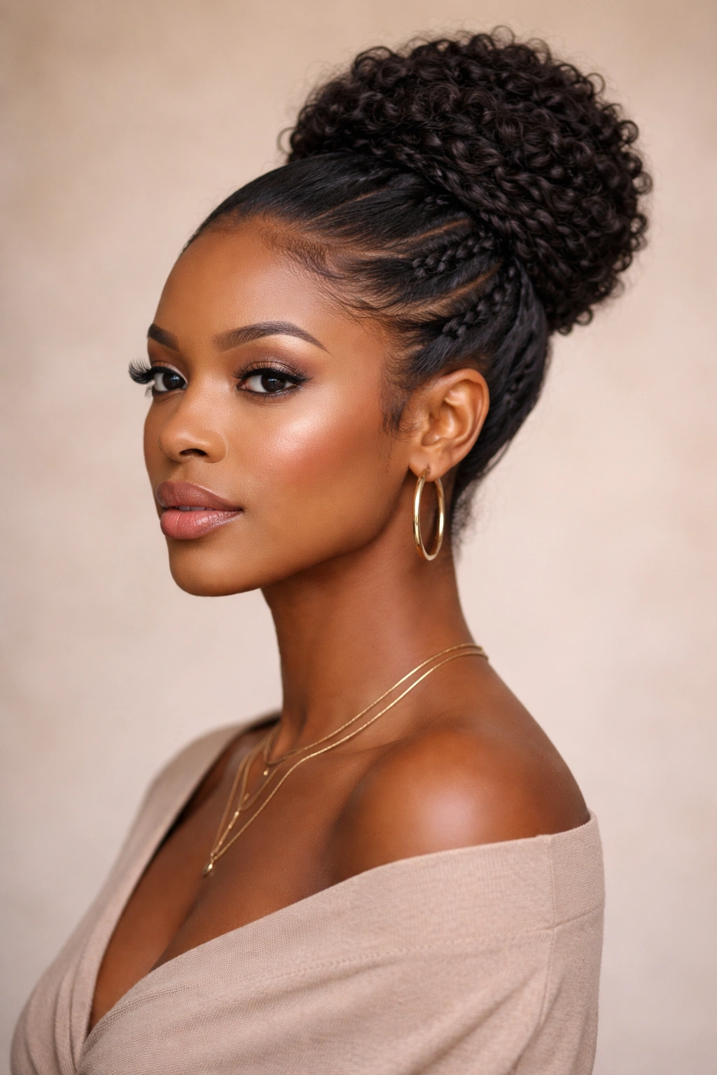 Portrait of a Black woman with a pushback updo featuring smooth and textured sections
