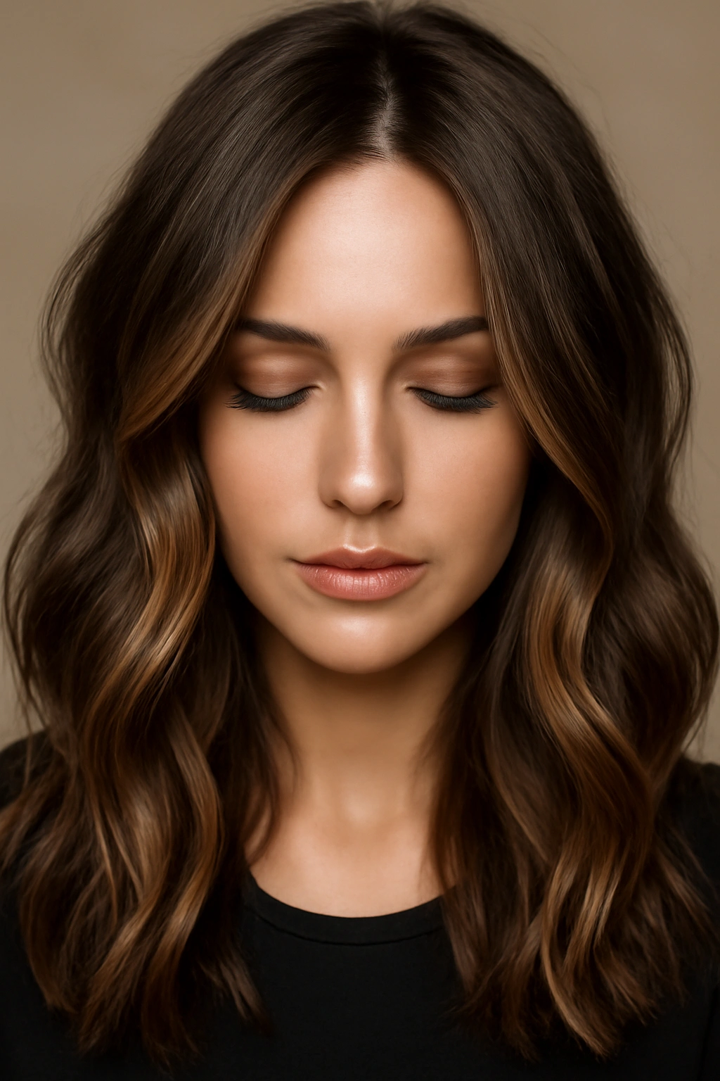 Close-up of brunette hair showcasing mocha mousse balayage with creamy mocha highlights