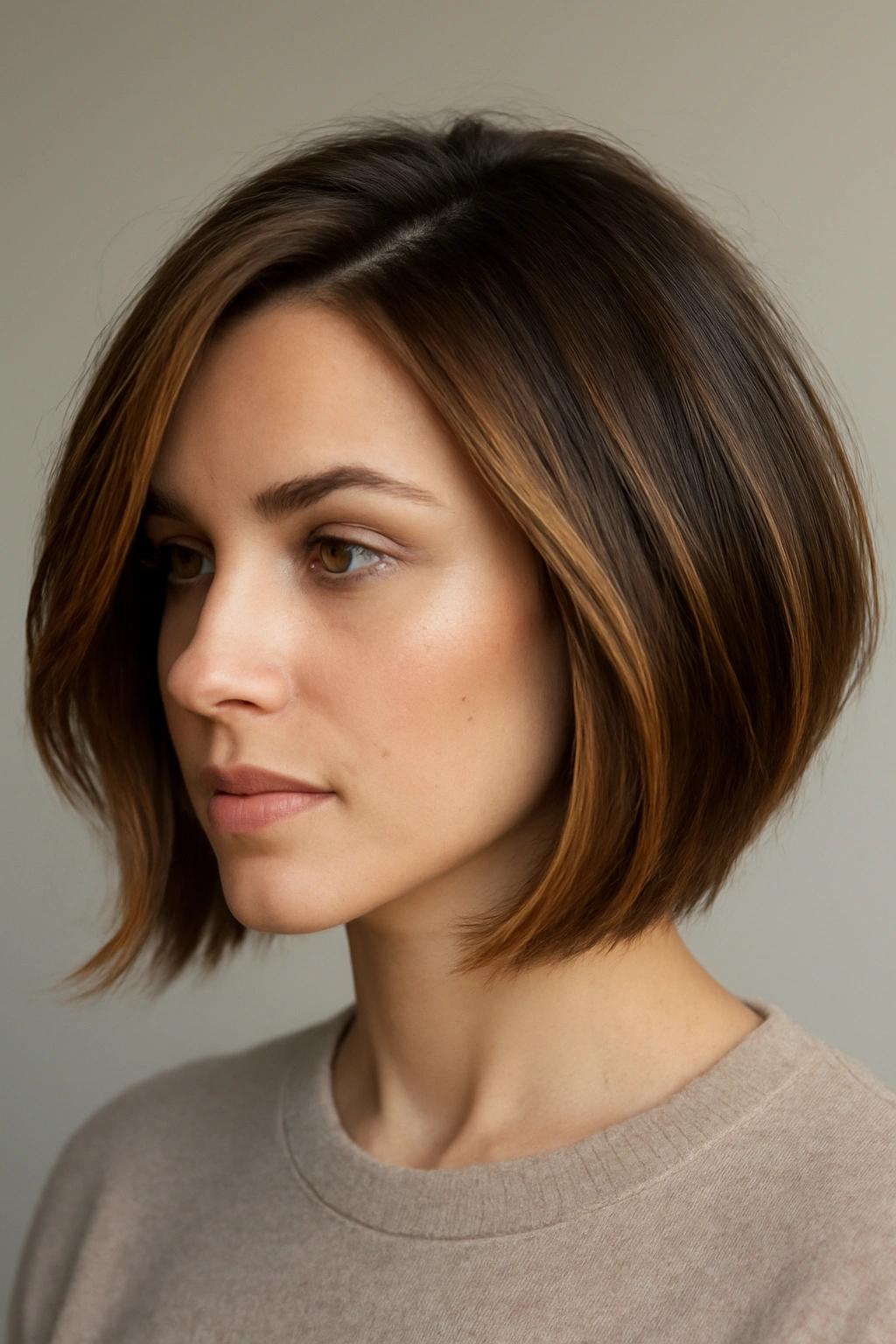 Chin-length bob with caramel balayage and side-swept movement