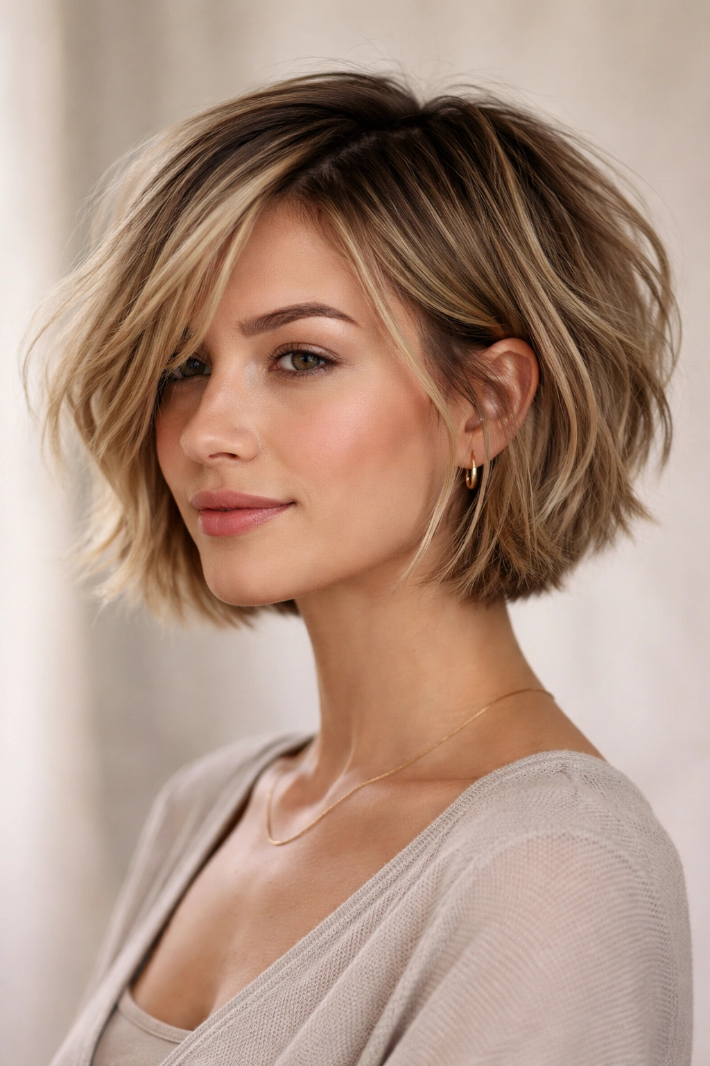 Portrait of a modern bob with disconnected layers and texture.