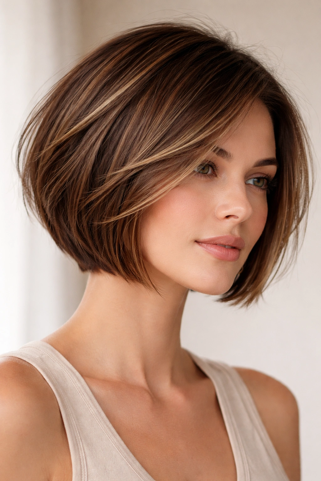 Portrait of a person with a layered bob on straight hair showing movement and texture