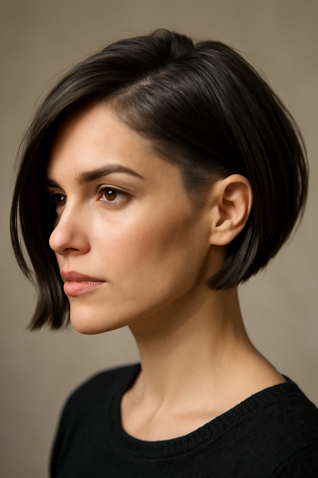 Modern bob hairstyle showing hidden undercut detail in studio lighting.